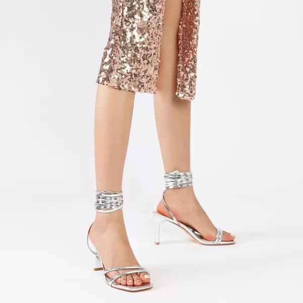 Mostrin Strappy Heels for Women Lace Up Heels Square Open Toe Heels Tie Up High Heeled Sandals for Prom Party Daily WearSilver02
