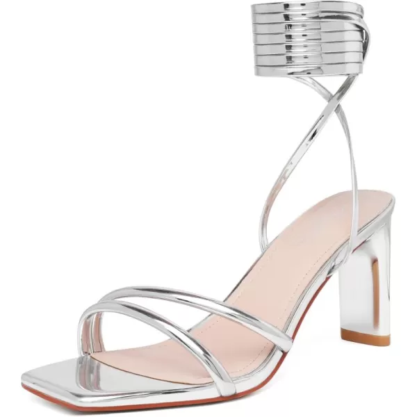 Mostrin Strappy Heels for Women Lace Up Heels Square Open Toe Heels Tie Up High Heeled Sandals for Prom Party Daily WearSilver02