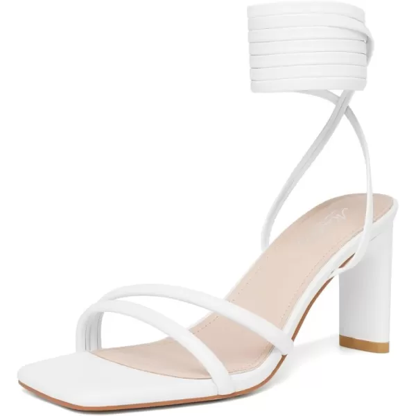 Mostrin Strappy Heels for Women Lace Up Heels Square Open Toe Heels Tie Up High Heeled Sandals for Prom Party Daily WearWhite02