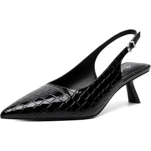 imageMostrin Kitten Heels for Women Pointed Toe Pumps Patent Leather Low Heel Slingback Heels with Buckle Dress Shoes for Dating Party WorkingBlack Croc