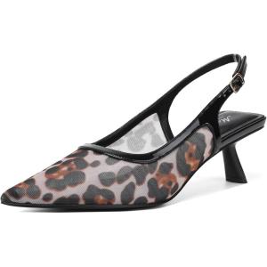 imageMostrin Kitten Heels for Women Pointed Toe Pumps Patent Leather Low Heel Slingback Heels with Buckle Dress Shoes for Dating Party WorkingLeopard Mesh