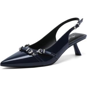 imageMostrin Kitten Heels for Women Pointed Toe Pumps Patent Leather Low Heel Slingback Heels with Buckle Dress Shoes for Dating Party WorkingNavy Blue
