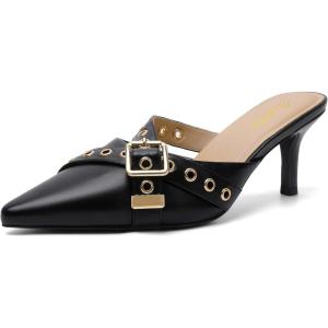 imageMostrin Kitten Heels for Women Studded Heeled Mules Pointed Closed Toe Heels Vintage Heels Slip on Stiletto Heels Dressy Pumps Shoes Trendy HeelsBlack