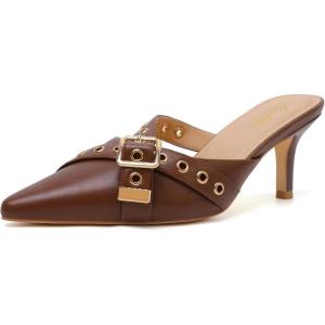 imageMostrin Kitten Heels for Women Studded Heeled Mules Pointed Closed Toe Heels Vintage Heels Slip on Stiletto Heels Dressy Pumps Shoes Trendy HeelsBrown