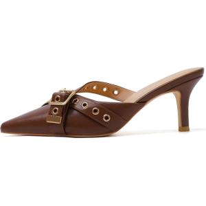 imageMostrin Kitten Heels for Women Studded Heeled Mules Pointed Closed Toe Heels Vintage Slip on Stiletto Dressy Pumps ShoesBrown