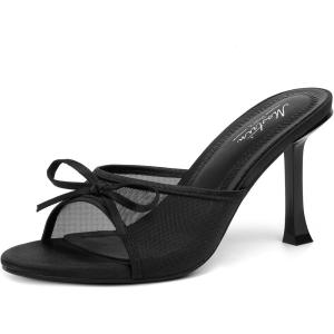 imageMostrin Kitten Heels for Women Round Toe Heels With Bow Vintage Mules Sexy Slip on Stiletto Backless Sandals for Party DailyBlack