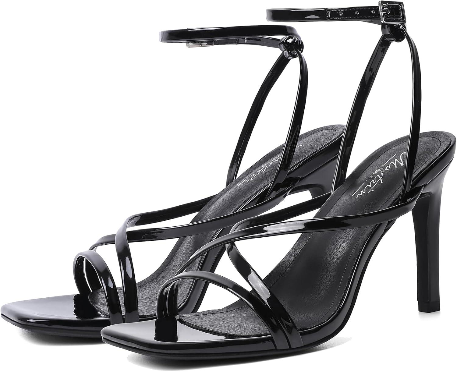 imageMostrin Strappy Heels for Women Square Open Toe Heeled Sandals Ankle Strap Sexy Stiletto High Heels for Party Prom Dating WeddingBlack