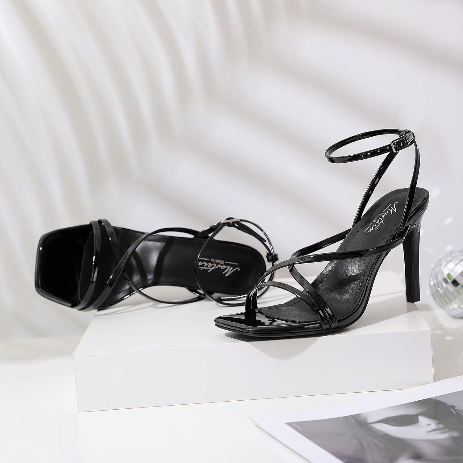 imageMostrin Strappy Heels for Women Square Open Toe Heeled Sandals Ankle Strap Sexy Stiletto High Heels for Party Prom Dating WeddingBlack