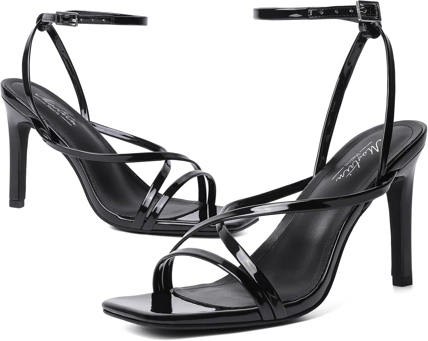 imageMostrin Strappy Heels for Women Square Open Toe Heeled Sandals Ankle Strap Sexy Stiletto High Heels for Party Prom Dating WeddingBlack