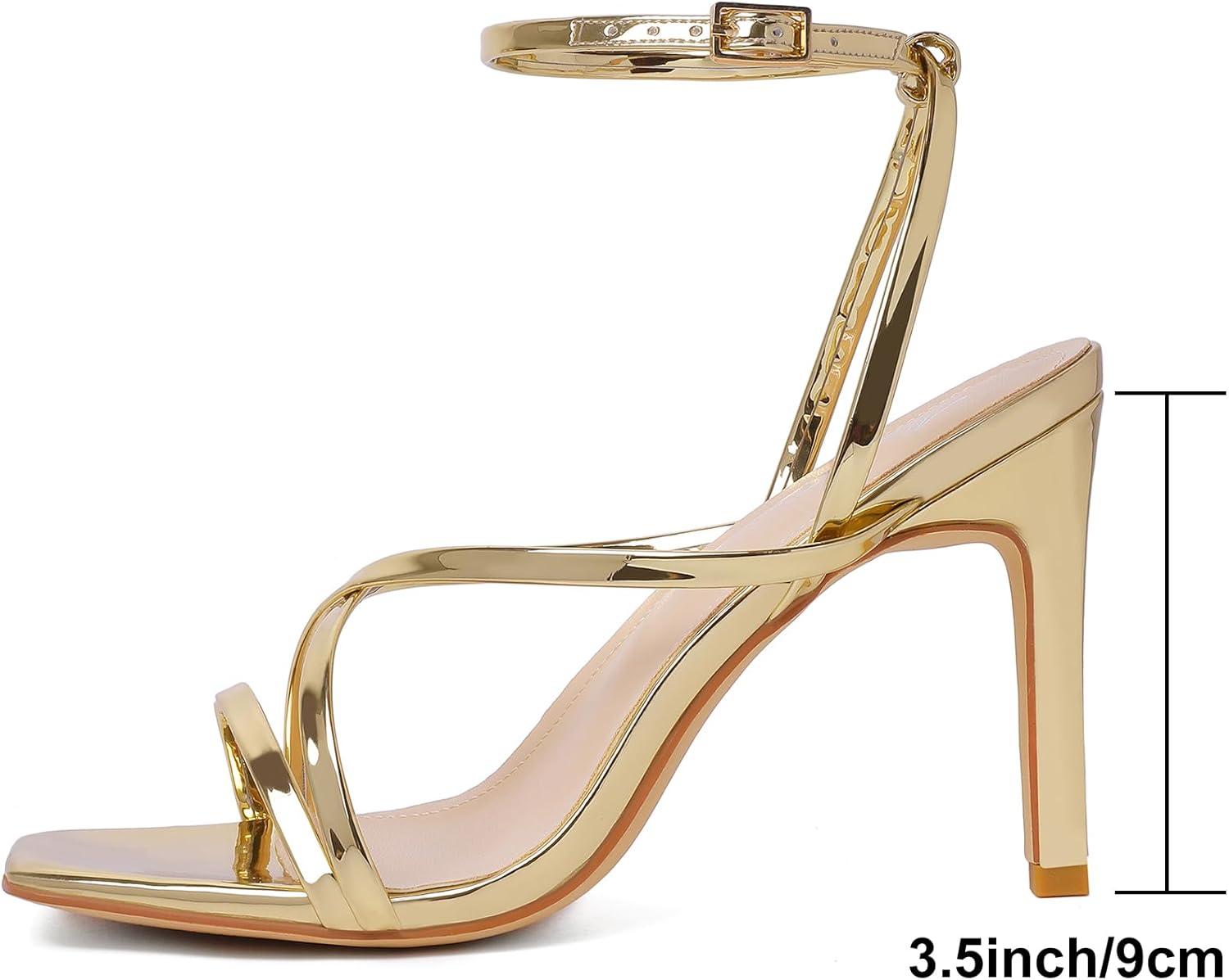 imageMostrin Strappy Heels for Women Square Open Toe Heeled Sandals Ankle Strap Sexy Stiletto High Heels for Party Prom Dating WeddingGold