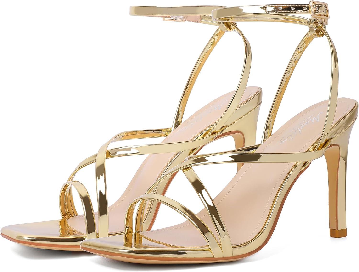imageMostrin Strappy Heels for Women Square Open Toe Heeled Sandals Ankle Strap Sexy Stiletto High Heels for Party Prom Dating WeddingGold