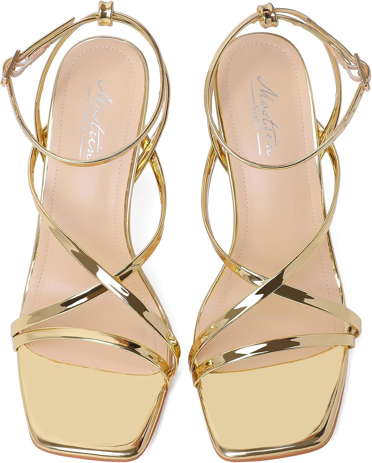 imageMostrin Strappy Heels for Women Square Open Toe Heeled Sandals Ankle Strap Sexy Stiletto High Heels for Party Prom Dating WeddingGold