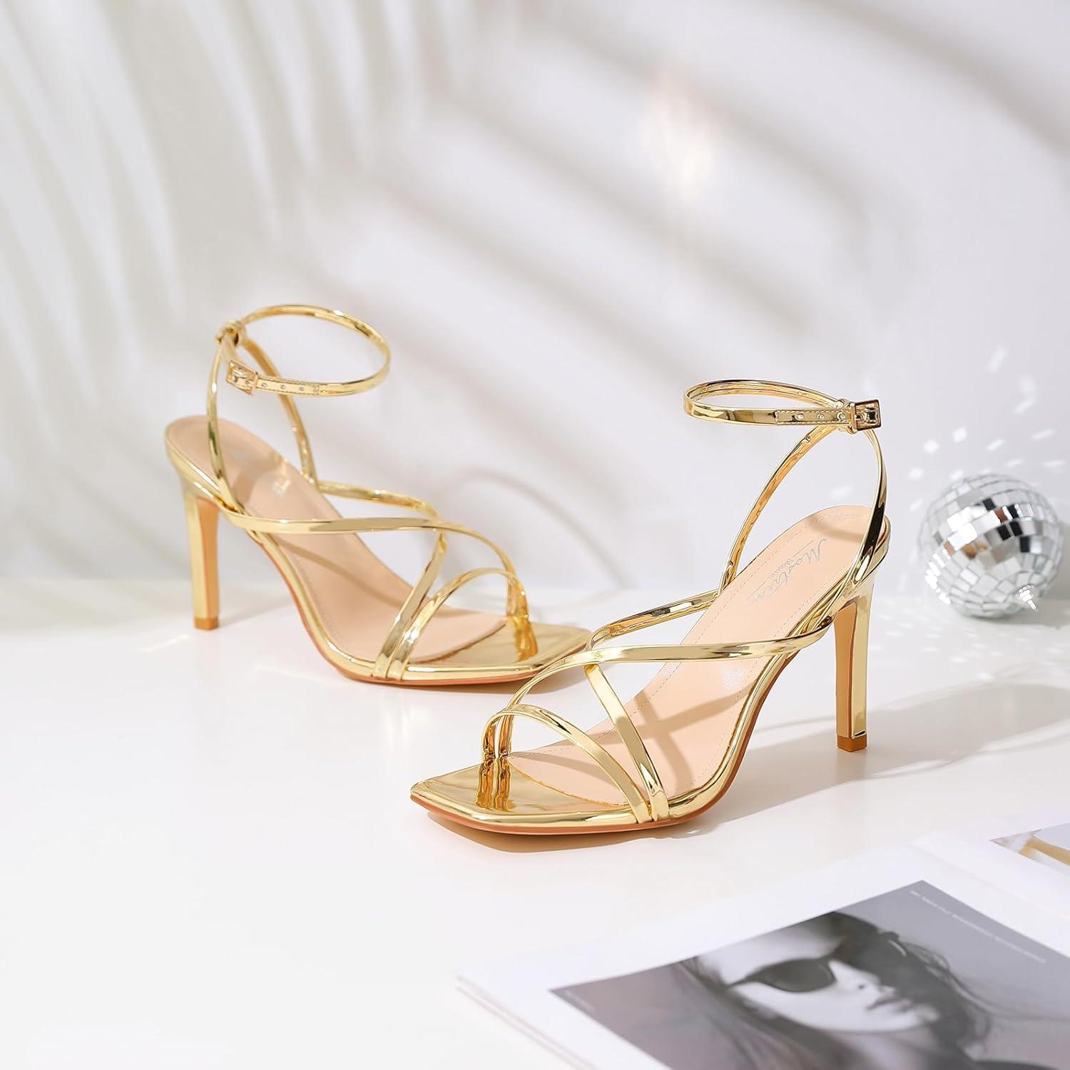 imageMostrin Strappy Heels for Women Square Open Toe Heeled Sandals Ankle Strap Sexy Stiletto High Heels for Party Prom Dating WeddingGold