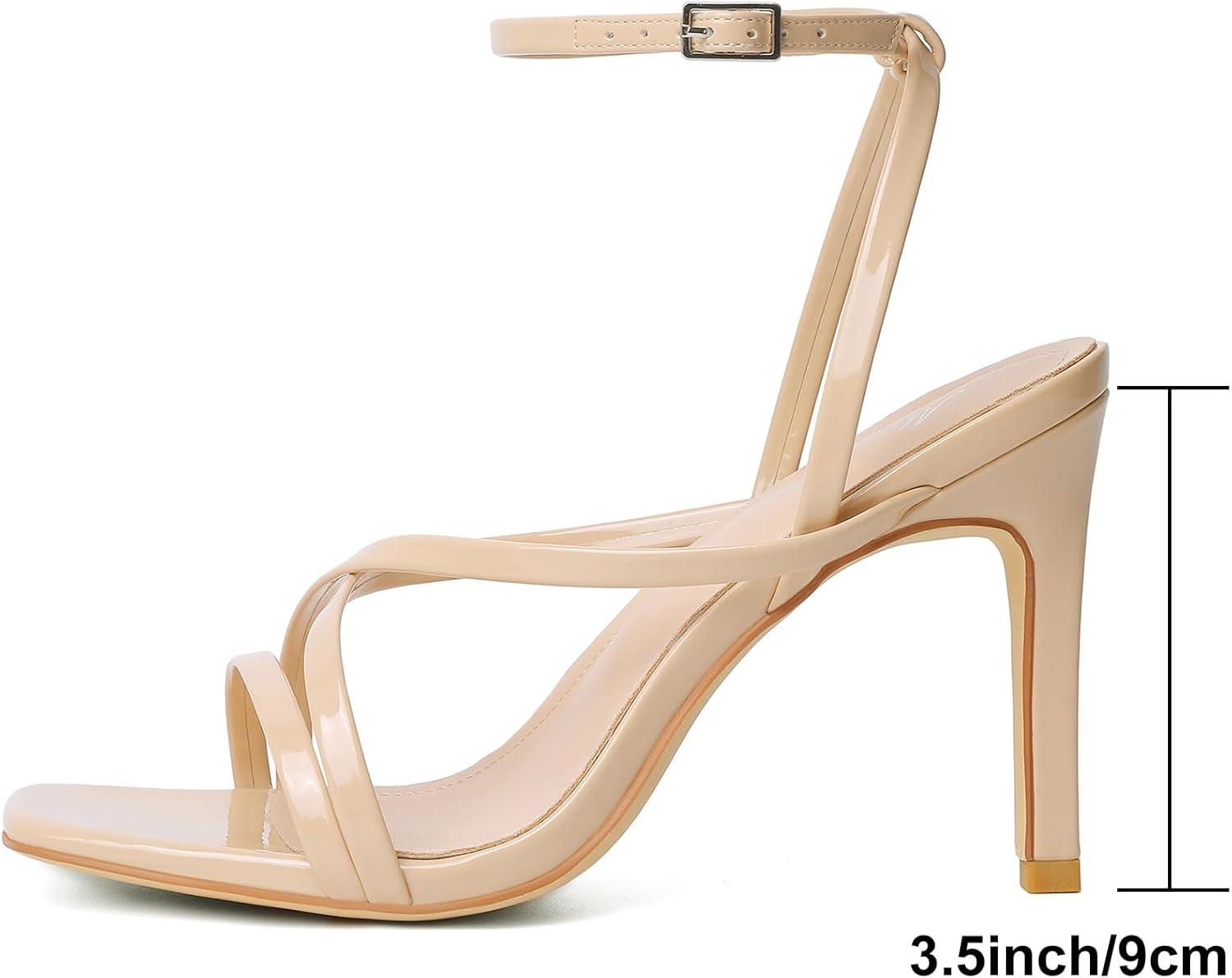 imageMostrin Strappy Heels for Women Square Open Toe Heeled Sandals Ankle Strap Sexy Stiletto High Heels for Party Prom Dating WeddingNude