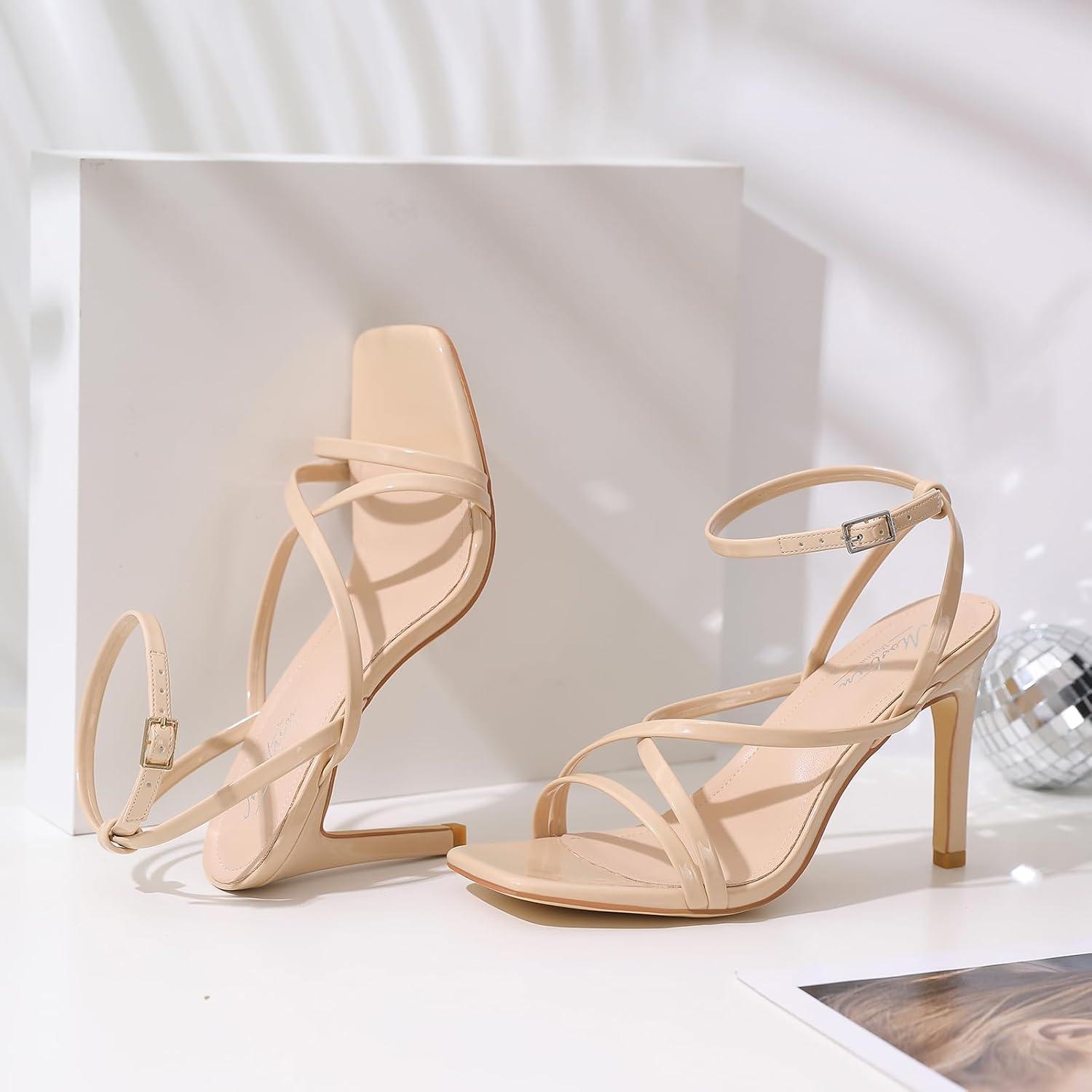 imageMostrin Strappy Heels for Women Square Open Toe Heeled Sandals Ankle Strap Sexy Stiletto High Heels for Party Prom Dating WeddingNude