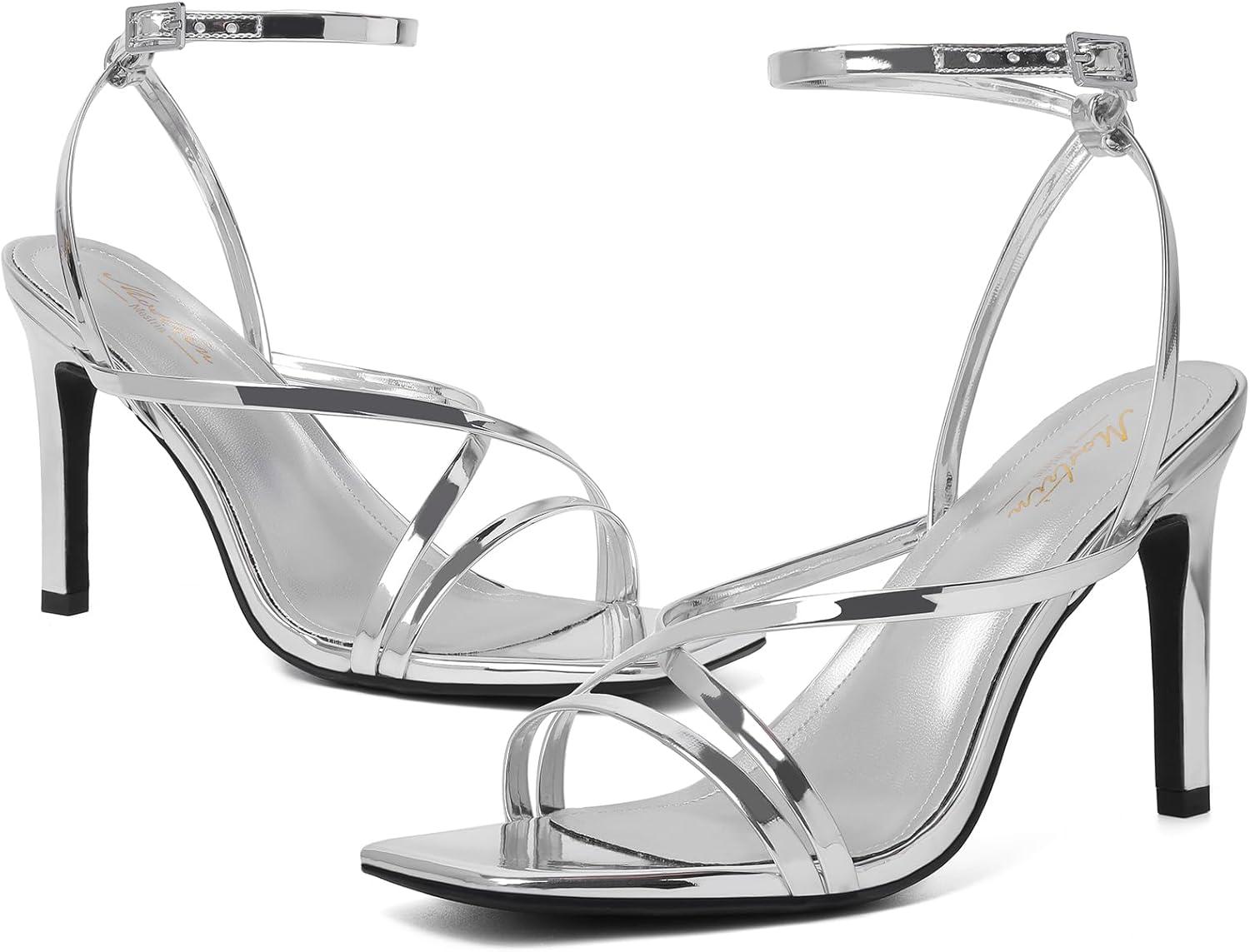 imageMostrin Strappy Heels for Women Square Open Toe Heeled Sandals Ankle Strap Sexy Stiletto High Heels for Party Prom Dating WeddingSilver