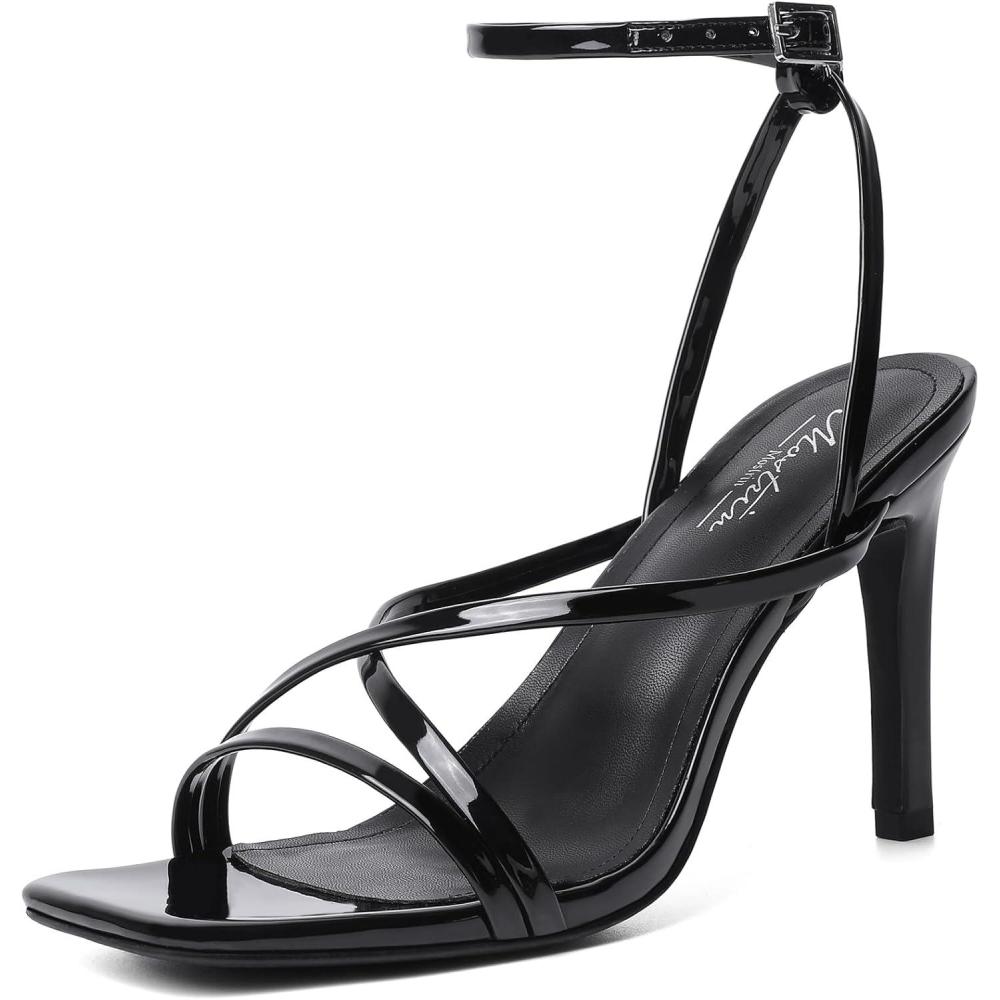 imageMostrin Strappy Heels for Women Square Open Toe Heeled Sandals Ankle Strap Sexy Stiletto High Heels for Party Prom Dating WeddingBlack