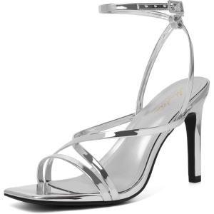 imageMostrin Strappy Heels for Women Square Open Toe Heeled Sandals Ankle Strap Sexy Stiletto High Heels for Party Prom Dating WeddingSilver
