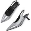 imageMostrin Kitten Heels for Women Pointed Toe Pumps Patent Leather Low Heel Slingback Heels with Buckle Dress Shoes for Dating Party WorkingSilver Sh06