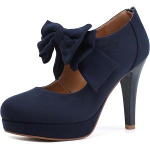 imageMostrin Fashion Vintage Womens Small Bowtie Platform Pumps Ladies Sexy High Heeled ShoesNavyblue58