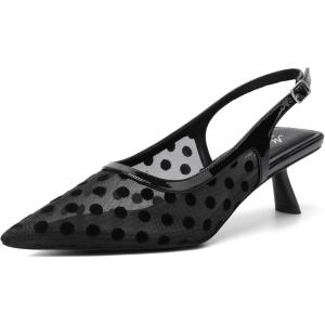 imageMostrin Kitten Heels for Women Pointed Toe Pumps Patent Leather Low Heel Slingback Heels with Buckle Dress Shoes for Dating Party WorkingBlack Polka Dot