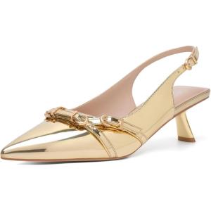 imageMostrin Kitten Heels for Women Pointed Toe Pumps Patent Leather Low Heel Slingback Heels with Buckle Dress Shoes for Dating Party WorkingGold