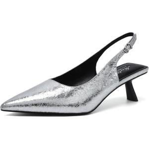 imageMostrin Kitten Heels for Women Pointed Toe Pumps Patent Leather Low Heel Slingback Heels with Buckle Dress Shoes for Dating Party WorkingSilver Sh06
