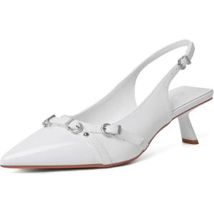 imageMostrin Kitten Heels for Women Pointed Toe Pumps Patent Leather Low Heel Slingback Heels with Buckle Dress Shoes for Dating Party WorkingWhite