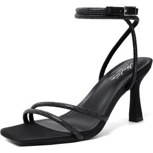 imageMostrin Womens Sandals Strappy Heels for Women Ankle Strap Lace Up Heels Square Open Toe Heels Tie Up Stiletto High Heeled Sandals for Prom Party Daily WearBlack Rhinestone