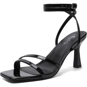 imageMostrin Womens Sandals Strappy Heels for Women Ankle Strap Lace Up Heels Square Open Toe Heels Tie Up Stiletto High Heeled Sandals for Prom Party Daily WearPatent Black