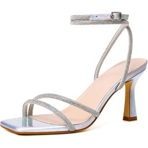 imageMostrin Womens Sandals Strappy Heels for Women Ankle Strap Lace Up Heels Square Open Toe Heels Tie Up Stiletto High Heeled Sandals for Prom Party Daily WearSilver Rhinestone