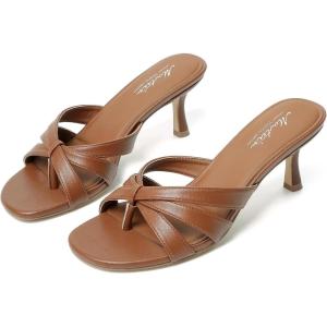 imageMostrin Strappy Kitten Heels for Women Round Open Toe Flip Flops Slip On Mules Heels Fashion Thong Heeled Sandals for Party Wedding HolidayBrown