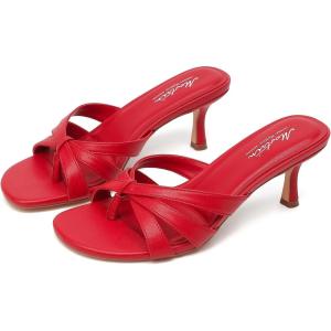 imageMostrin Strappy Kitten Heels for Women Round Open Toe Flip Flops Slip On Mules Heels Fashion Thong Heeled Sandals for Party Wedding HolidayRed