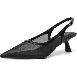 imageMostrin Kitten Heels for Women Pointed Toe Pumps Patent Leather Low Heel Slingback Heels with Buckle Dress Shoes for Dating Party WorkingBlack Mesh 06