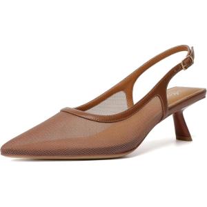 imageMostrin Kitten Heels for Women Pointed Toe Pumps Patent Leather Low Heel Slingback Heels with Buckle Dress Shoes for Dating Party WorkingBrown Mesh 06