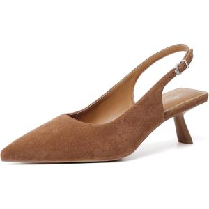 imageMostrin Kitten Heels for Women Pointed Toe Pumps Patent Leather Low Heel Slingback Heels with Buckle Dress Shoes for Dating Party WorkingBrown Suede 06