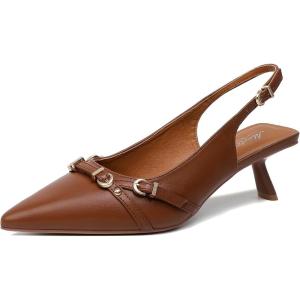 imageMostrin Kitten Heels for Women Pointed Toe Pumps Patent Leather Low Heel Slingback Heels with Buckle Dress Shoes for Dating Party WorkingBrown03