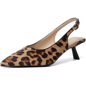 imageMostrin Kitten Heels for Women Pointed Toe Pumps Patent Leather Low Heel Slingback Heels with Buckle Dress Shoes for Dating Party WorkingLeopard Suede 06