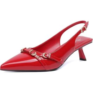 imageMostrin Kitten Heels for Women Pointed Toe Pumps Patent Leather Low Heel Slingback Heels with Buckle Dress Shoes for Dating Party WorkingRuby03