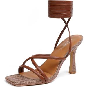 imageMostrin Womens Sandals Strappy Heels for Women Lace Up Square Open Toe Heels Tie Up High Heeled Sandals for Prom Party Daily WearRaffia Brown