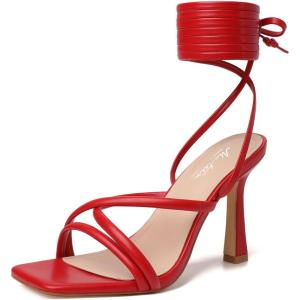 imageMostrin Womens Sandals Strappy Heels for Women Lace Up Square Open Toe Heels Tie Up High Heeled Sandals for Prom Party Daily WearRed