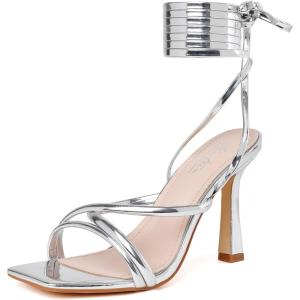 imageMostrin Womens Sandals Strappy Heels for Women Lace Up Square Open Toe Heels Tie Up High Heeled Sandals for Prom Party Daily WearSilver