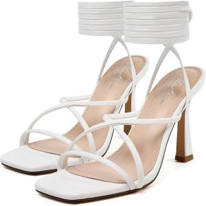 imageMostrin Womens Sandals Strappy Heels for Women Lace Up Square Open Toe Heels Tie Up High Heeled Sandals for Prom Party Daily WearWhite