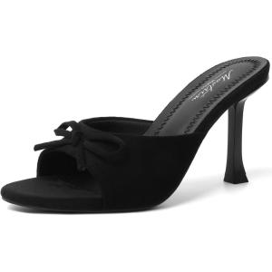 imageMostrin Kitten Heels for Women Round Toe Heels With Bow Vintage Mules Sexy Slip on Stiletto Backless Sandals for Party DailyBlack Suede