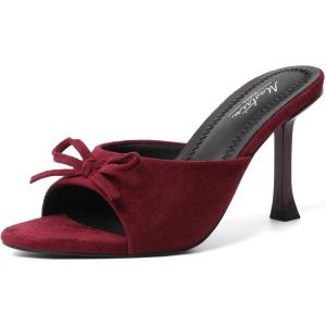 imageMostrin Kitten Heels for Women Round Toe Heels With Bow Vintage Mules Sexy Slip on Stiletto Backless Sandals for Party DailyBurgundy Suede