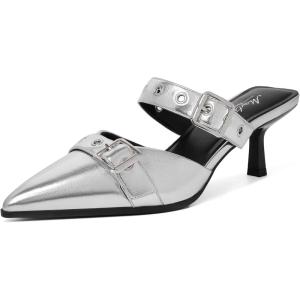 imageMostrin Kitten Mules Heels for Women Studded Heeled Mules Pointed Closed Toe Heels Slip on Stiletto Pumps ShoesSilver