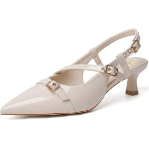 imageMostrin Slingback Kitten Heels for Women Low Heel Closed Pointed Toe Pumps Buckle Strap Dress Shoes for Daily Working WeddingCream 02
