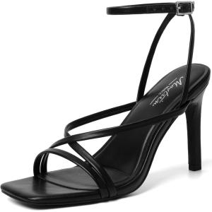 imageMostrin Strappy Heels for Women Square Open Toe Lace Up Heeled Sandals Ankle Strap Sexy Stiletto High Heels for Party Prom Dating WeddingBlack Pu