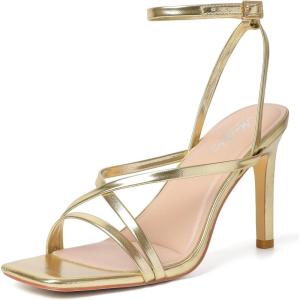 imageMostrin Strappy Heels for Women Square Open Toe Lace Up Heeled Sandals Ankle Strap Sexy Stiletto High Heels for Party Prom Dating WeddingGold Pu