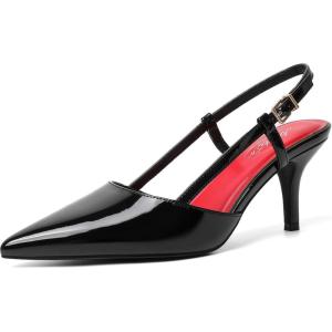 imageMostrin Slingback Kitten Heels for Women Mid Heel Leather Pumps Closed Pointed Toe Stiletto 3 Inch Dress Shoes for Wedding Party Work OfficeBlack